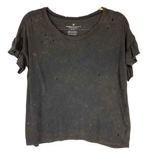 AEO Acid Wash Gray Factory Destroyed Boxy Ruffle Sleeve T-Shirt XS